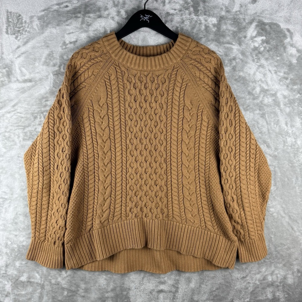 J Crew Fisherman Cable Knit Chunky Pullover Sweater Brown Womens Large Cotton